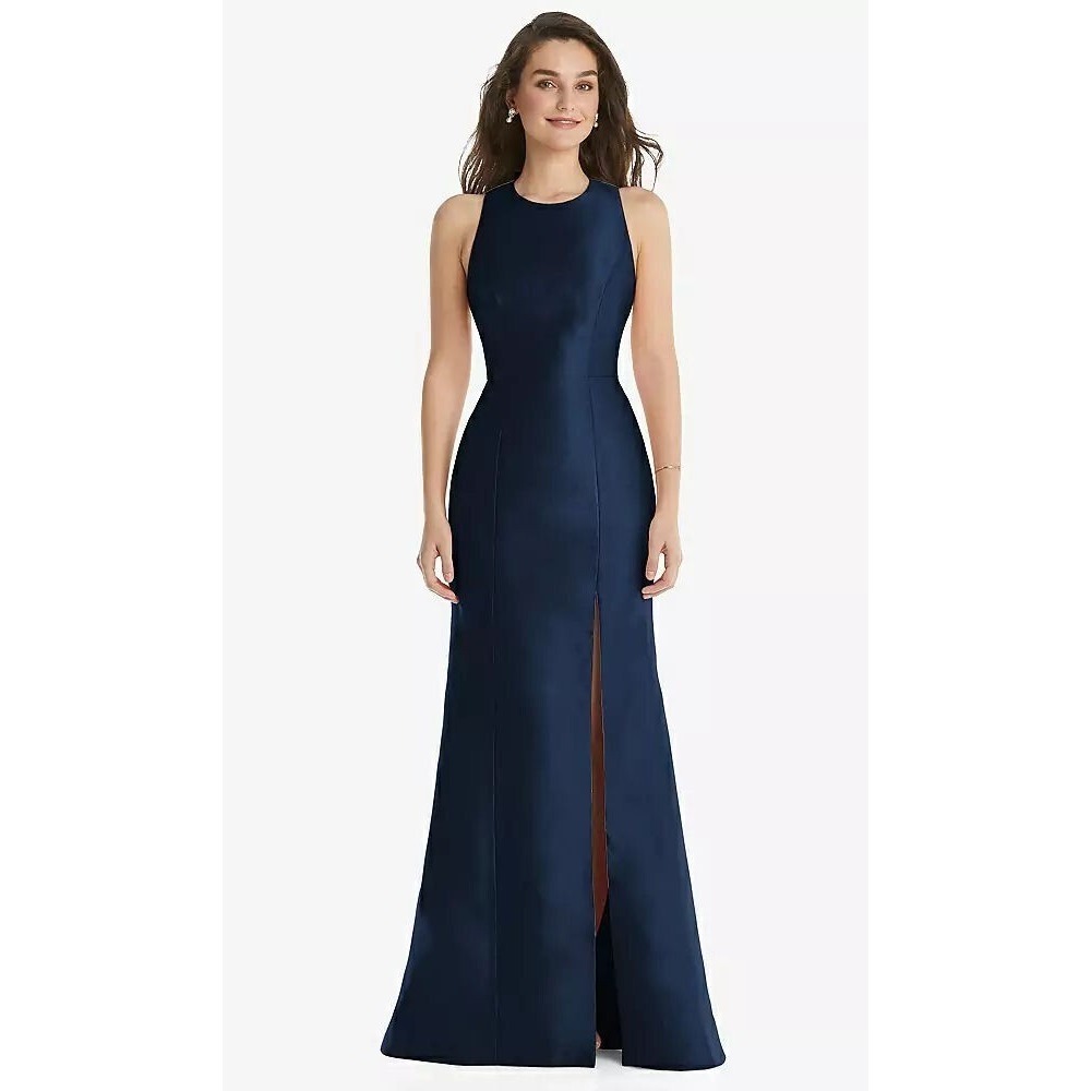 Alfred Sung D824 High‎ Slit Open Back Bow Trumpet Dress - Midnight Navy - Sz 2